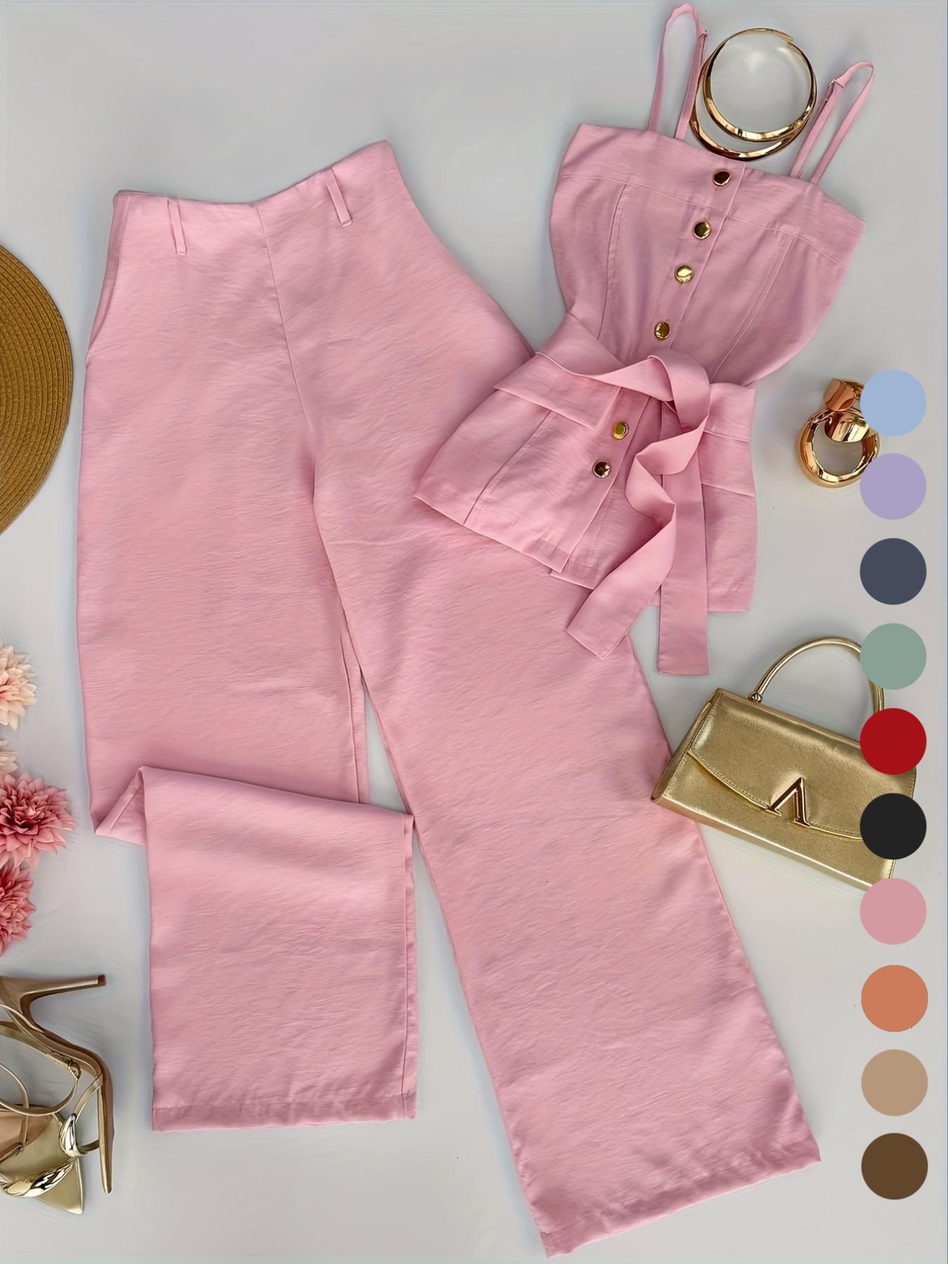 New Women's Solid Color Strappy Top & Long Pants Two-Piece Set, Versatile Casual Wear, Comfortable and Stylish, Perfect for Daily Use