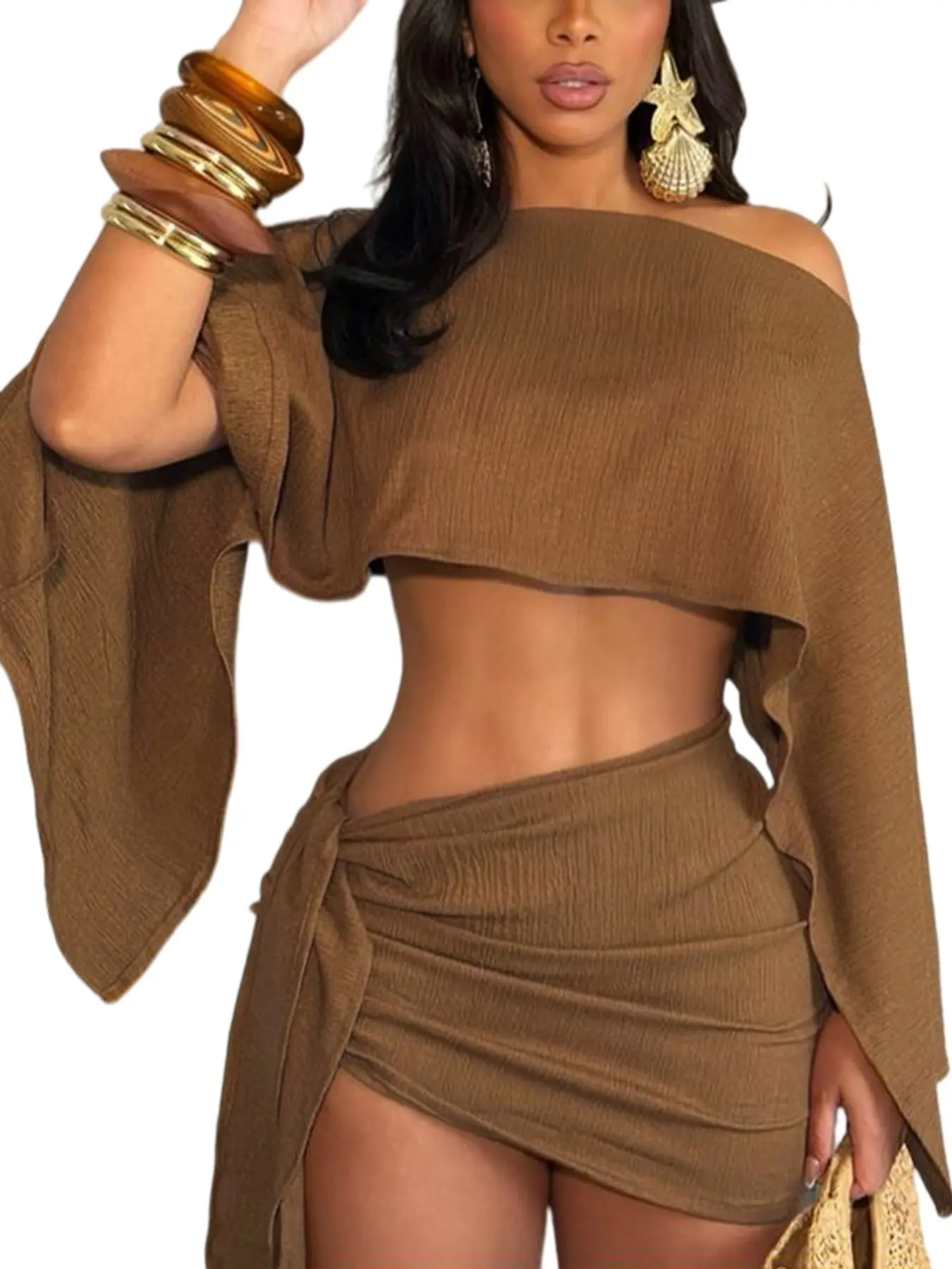 Women's Summer Holiday Batwing Off-Shoulder Top and Stylish Chic Bodycon Skirt Set, Breathable Beachwear for Casual Vacations Outfit Clothes, Skirts Set