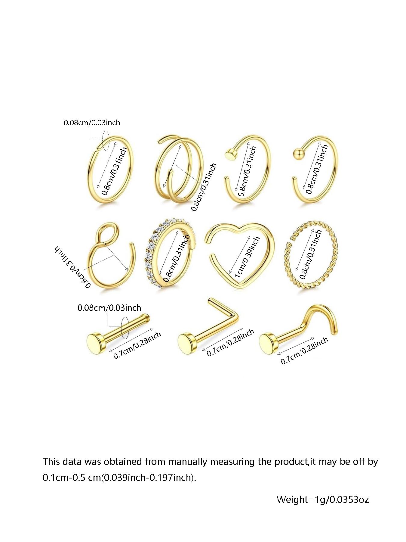 20g Nose Rings Hoops Nose Studs - Hypoallergenic Surgical Steel CZ Nose Stud L Shape Body Nostril Piercing Jewelry for Women Men 14k Gold Plated 20Pcs