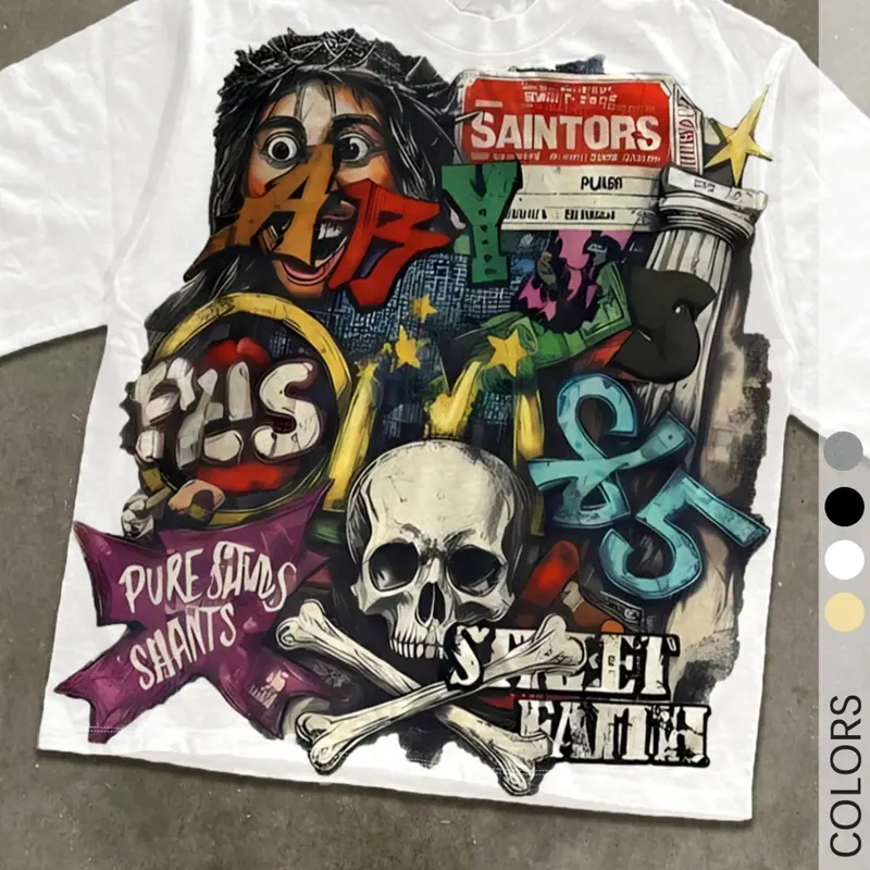 Men Y2K Hip Hop Colorful Collage Print White Tee Retro Streetwear Oversized Casual Short Sleeve Top For Campus Daily Outfit Streetwear Graphic Tees