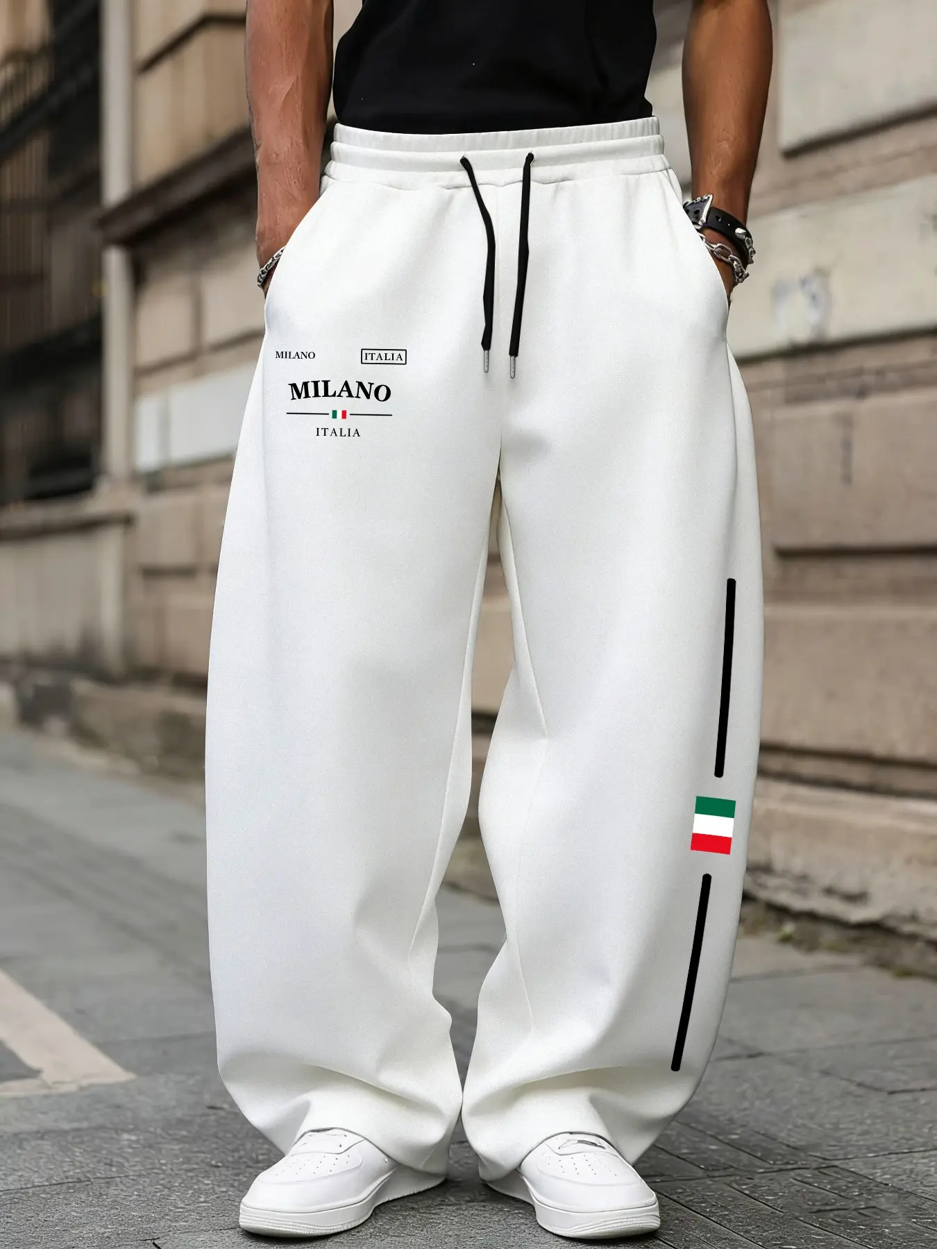 Simple MILANO ITALIA logo printed casual jogger pants - American retro loose fit, suitable for daily wear long pants