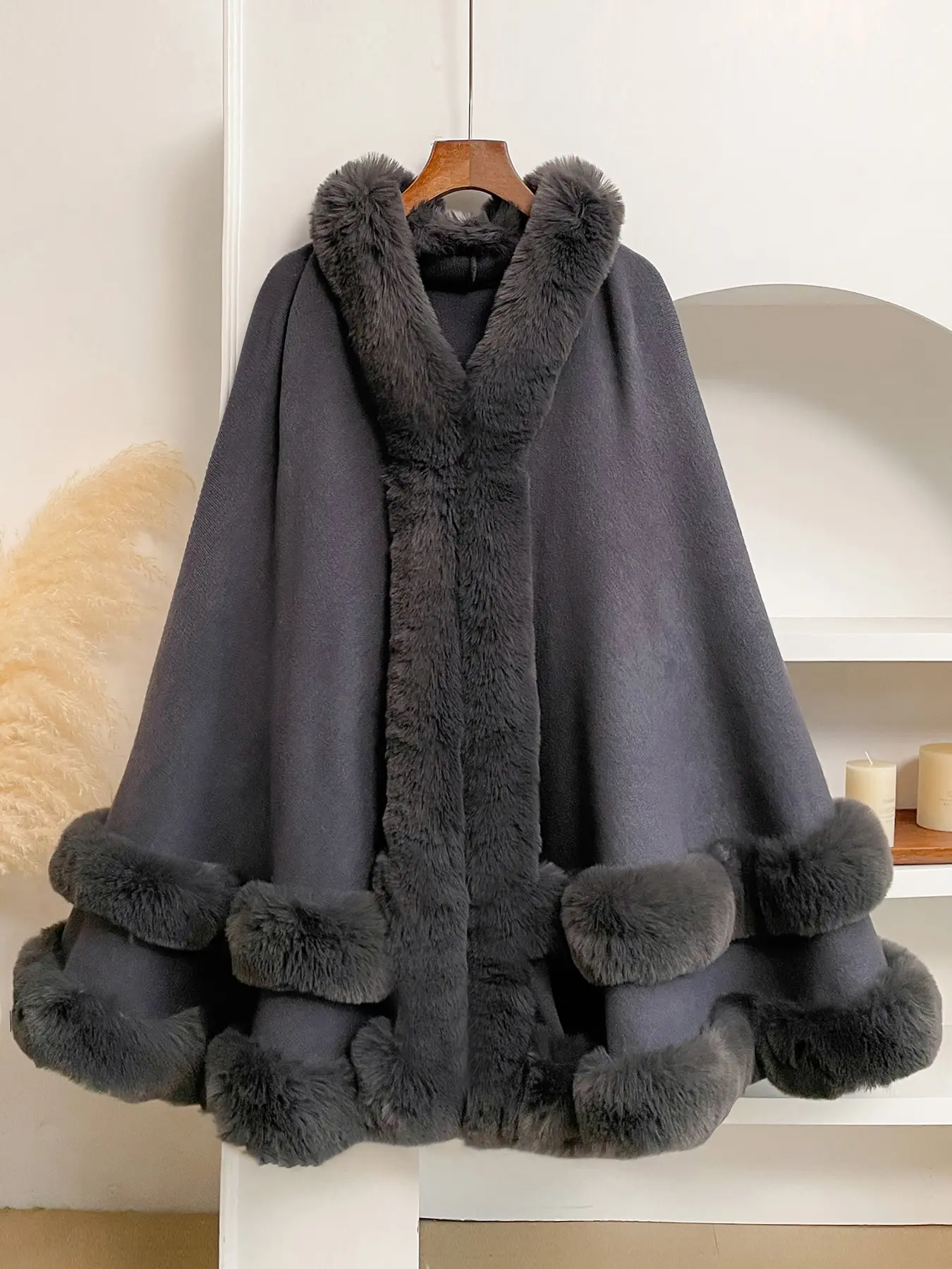 Luxury Faux Fur Hooded Cape Shawl, Warm and Comfortable, Ideal for Air-Conditioned Rooms, Perfect for Home and Parties, Fall & Winter