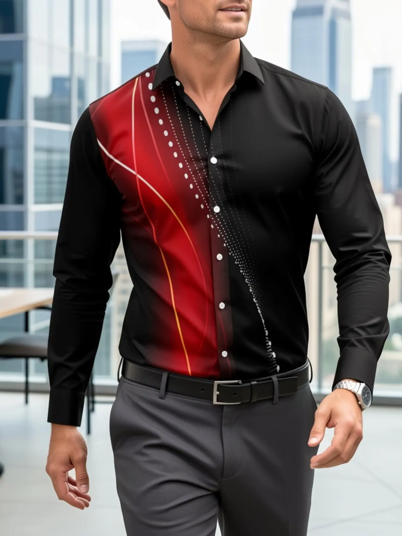 Men's Long Sleeve Shirt Block Dot Print, Business Casual Blouse, Slim-Fitting, All Seasons, Full Placket