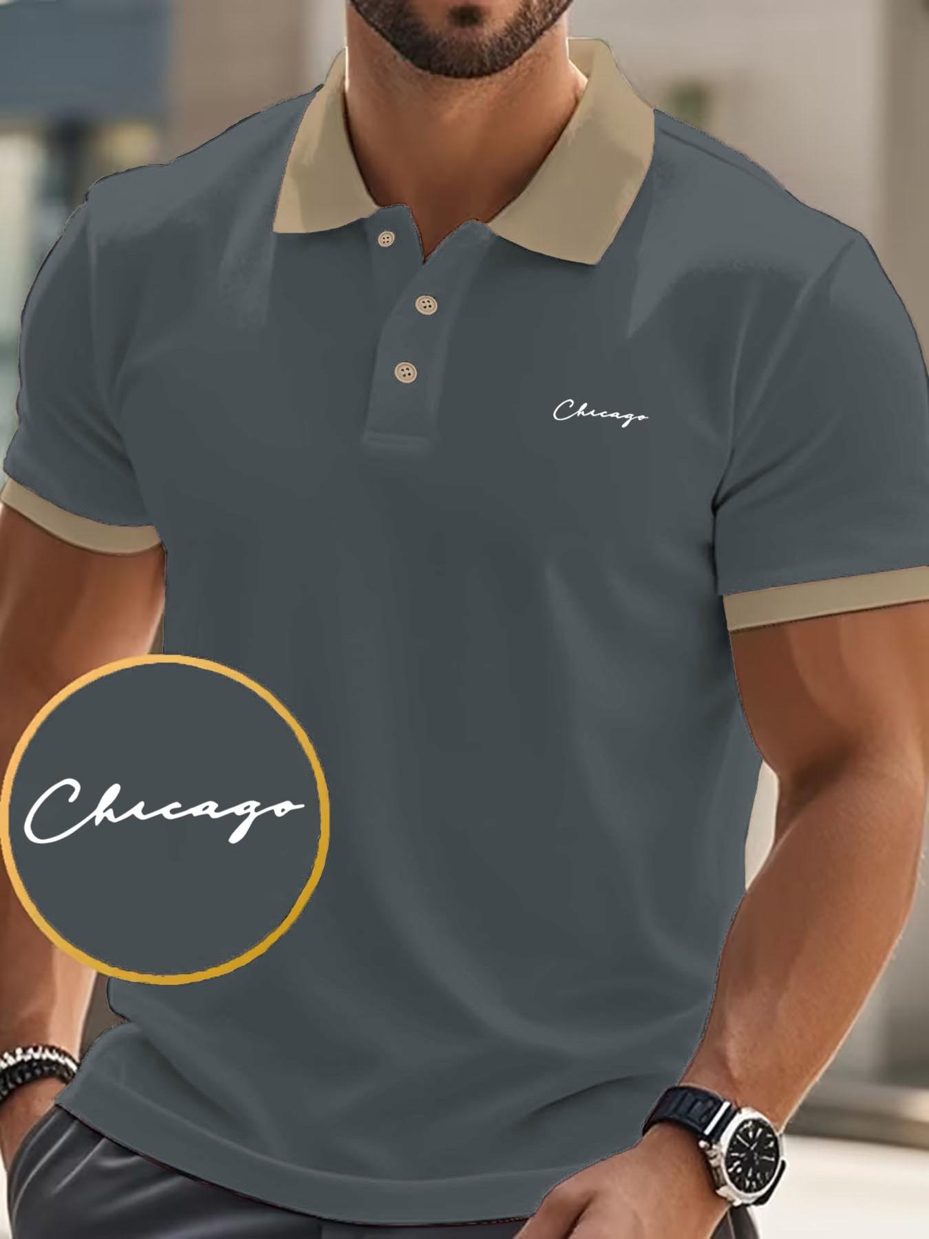 Men's Chicago Handwritten Print Polo Shirt, Slim-Fitting American Style Top, Short Sleeve Casual Wear for Spring & Fall