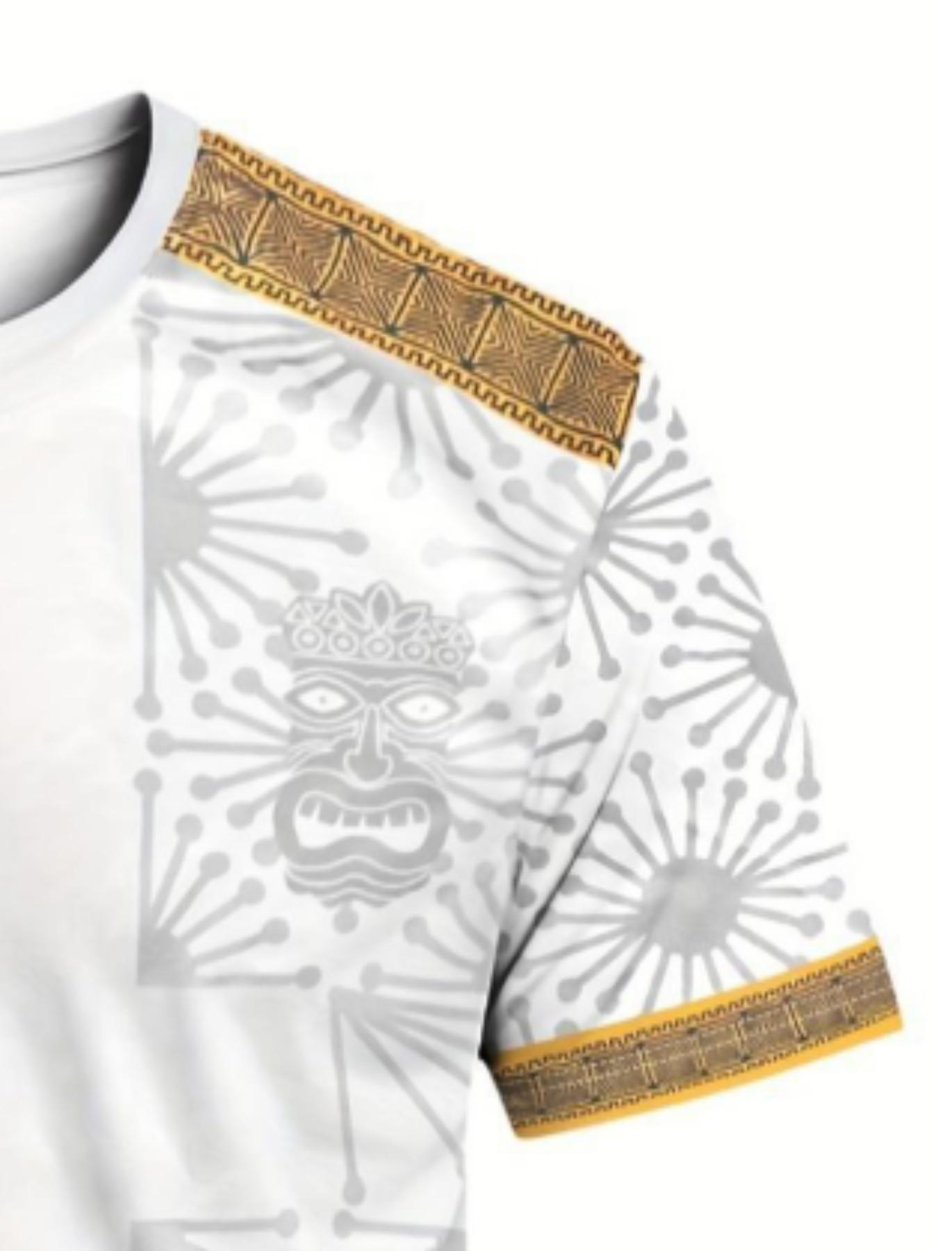 Men's Polynesian Tikka Mask Sport T-Shirt, Tribal Style Round Neck Short Sleeve Top, Loose-Fitting All-Seasons Clothing