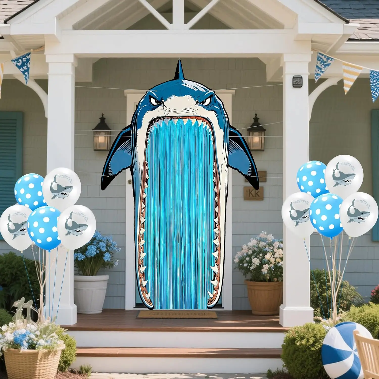 JAOJAO Shark Themed Party Decorations, Shark Party Door Banner| Include Shark Balloons, Blue Foil Fringe Curtains, for Sea Animal Theme, Birthday Ocean Party Decorations