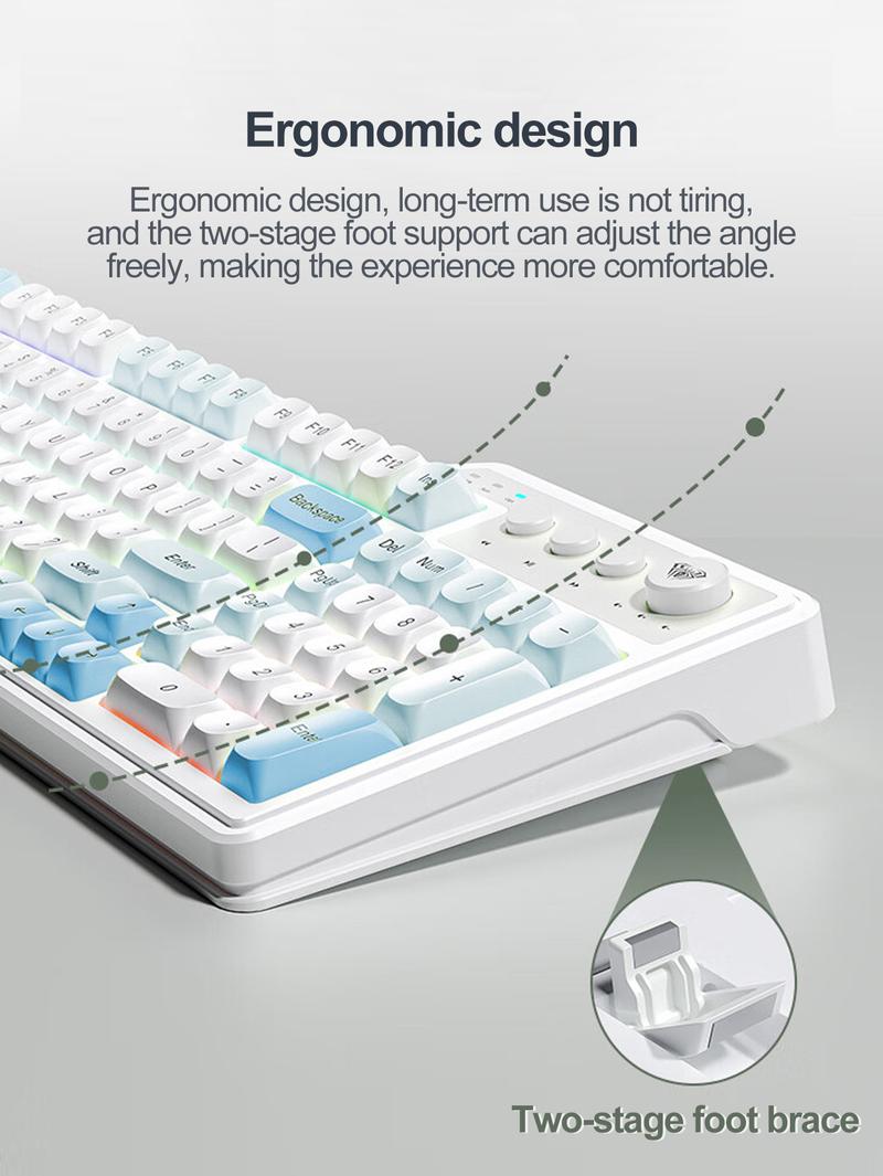 AULA F3099 three-mode, Rechargeable keyboard, 99-key layout, RGB lighting effects, color matching keycaps, ergonomic design, large-capacity battery, light-tone keys suitable for office use, multi-device compatible, plug-and-play, available for computer