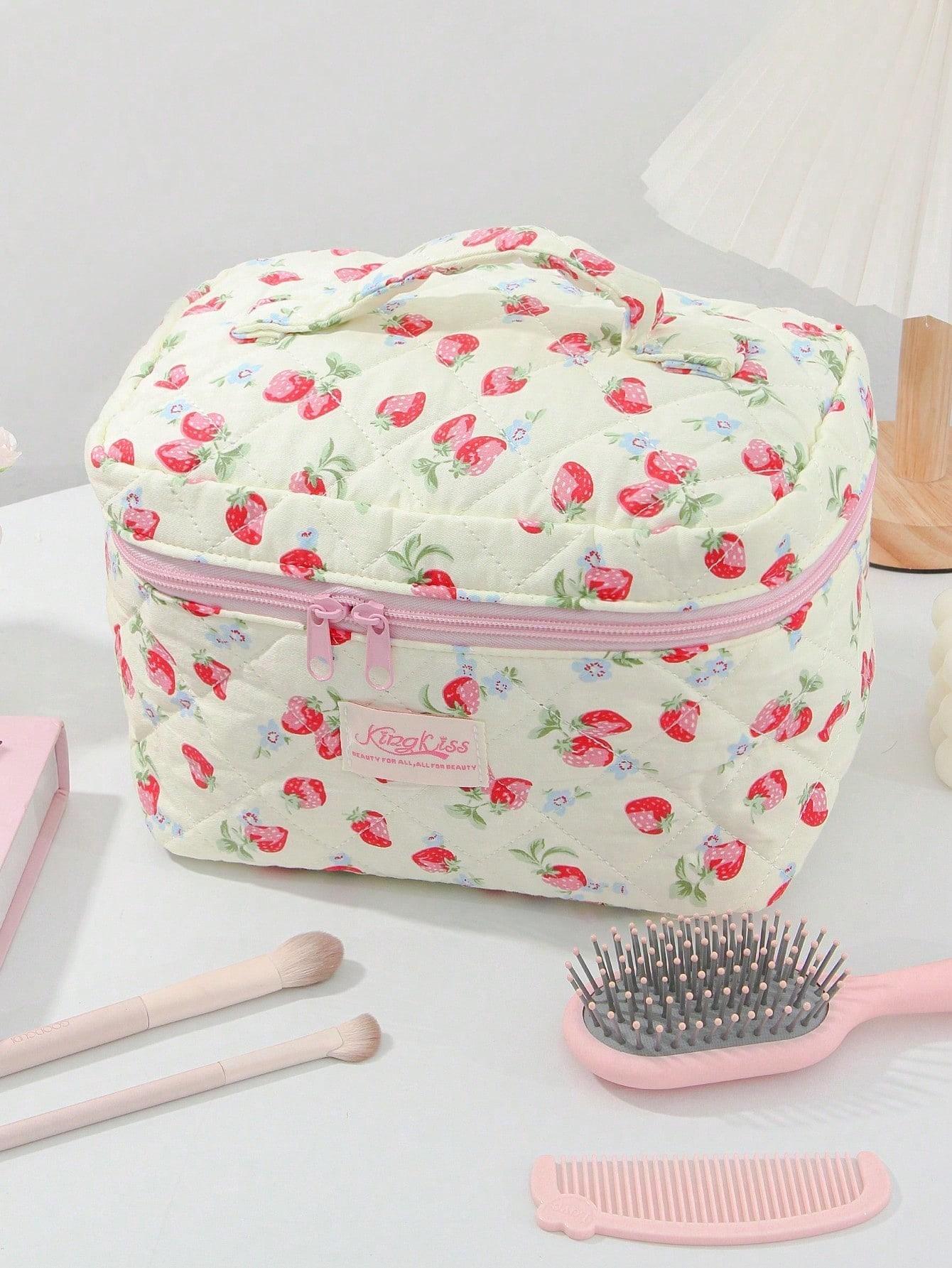 Cute Strawberry Pattern Makeup Bag, Large Capacity Travel Cosmetic Organizer, Multi-Functional Storage Pouch for Girls, Handy Makeup Brush & Pencil Case, Zipper Makeup Bag