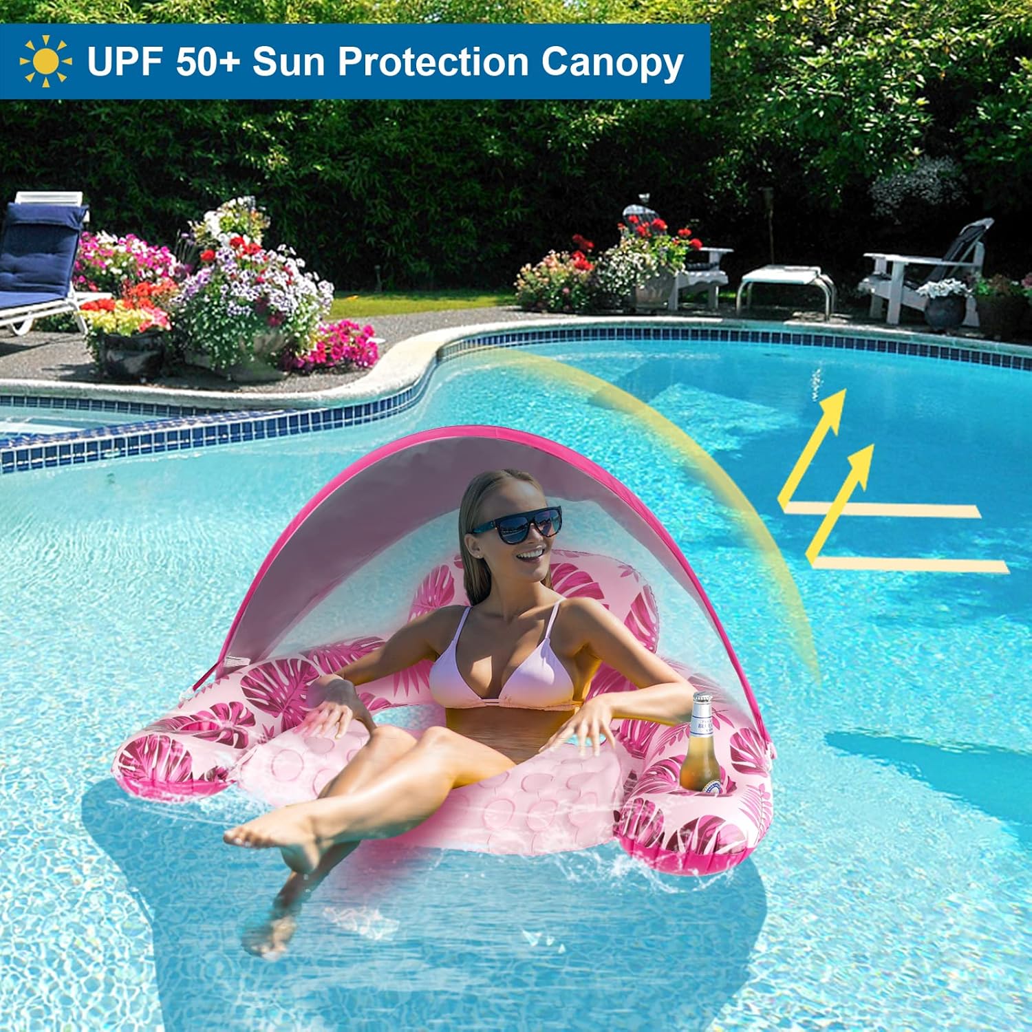 Pool Float with Canopy, Cup Holder - XL Pool Chair Lounge Float with Adjustable Sun Shade Cover, Drink Holder, Ergonomic Headrest,Inflatable Pool Float for Adults
