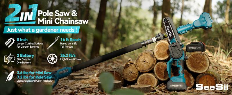 SeeSii 2 in 1 Cordless 8 inch Pole Saw & Mini Chainsaw with 2 Battery, Power Electric Polesaw for Tree Trimming, Chain Saw with Extension Pole, Limb Branch Cutter Pruner CH800C