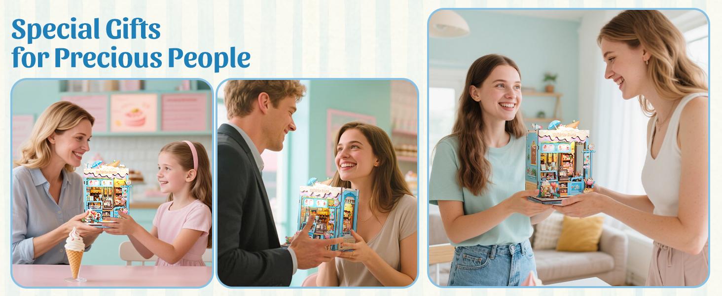 CUTEBEE DIY 3D Book Nook Kit Bella’s Ice Cream – Miniature Wooden Streetscape Shop with LED Light, Handmade 3D Dollhouse Decor | Holiday, Christmas and Black Friday Gift