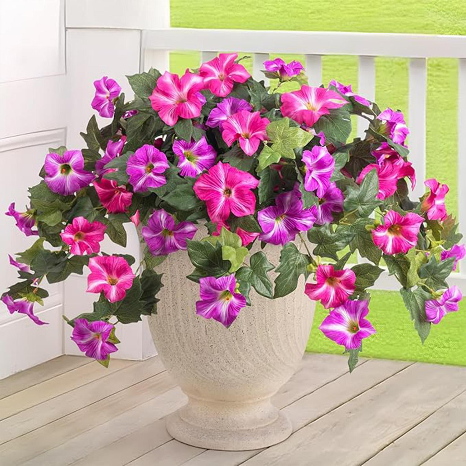 Outdoor Decor Artificial Fake Flowers Plants, 2 Pcs Realistic Petunia Silk Flowers, UV Resistant Non-Fading, Home Garden Balcony Patio Indoor Decoration, Artificial Flowers For Outside