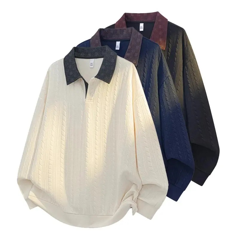Men's Thick Striped Knitted Denim Polo Sweater Set - Oversized, Relaxed Fit, Casual Textured Menswear Top, Comfortable, Suitable For Office & Leisure, Ideal Gift For Husbands