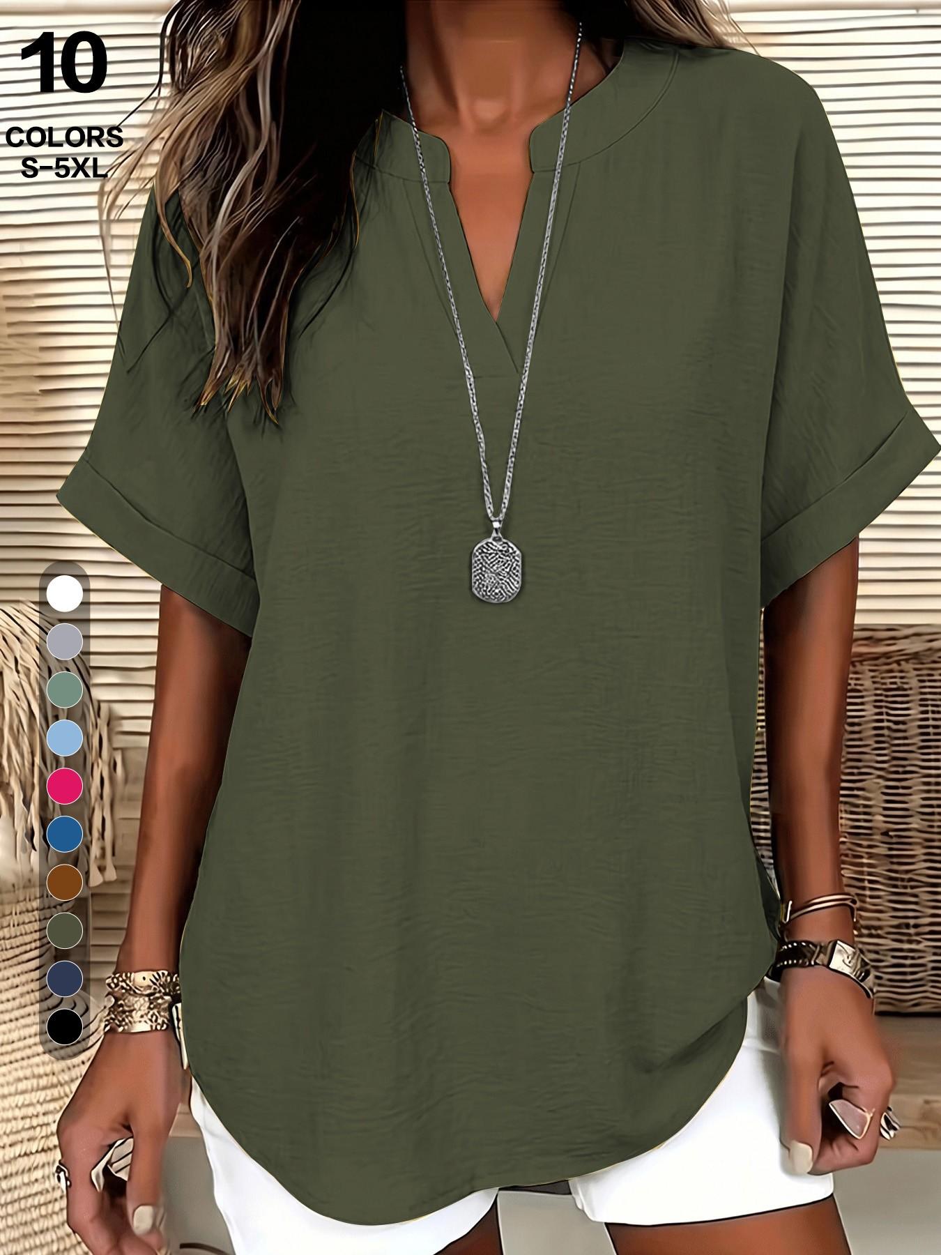 2026 European Style V Neck Short Sleeve Shirt, Casual Fitted T-Shirt, Summer Loose Fit, Hides Belly, Tall Look, Versatile Top