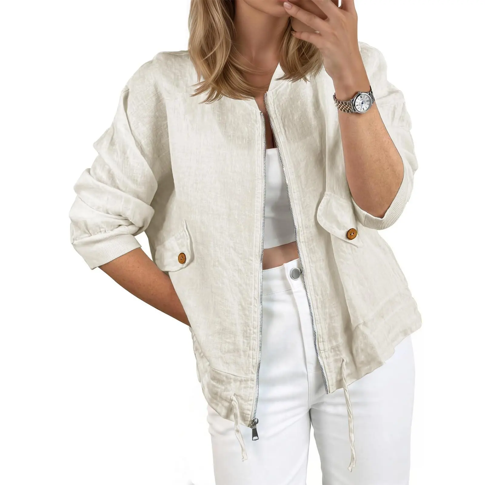 Tankaneo Womens Lightweight Bomber Jackets Casual Zip Up Drawstring Cotton Linen Jacket With Pockets