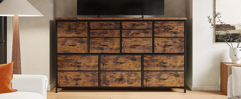 Raybee Dressser with 16 Drawers, TV Stand for Bedroom for 60" TV, Long Dressers & Chests of Drawers, Large Dresser with Charging Station, 51.1" W*11.8" D*34.8" H