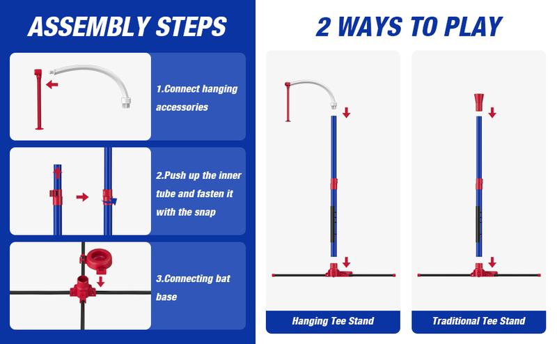 3-in-1 Baseball Set for Kids 3-5 - Tee Ball Stand, Hanging Tee, Ball Launcher and 6 Softballs - Adjustable Height, Indoor/Outdoor Sport Gifts for Boys, Blue/Purple