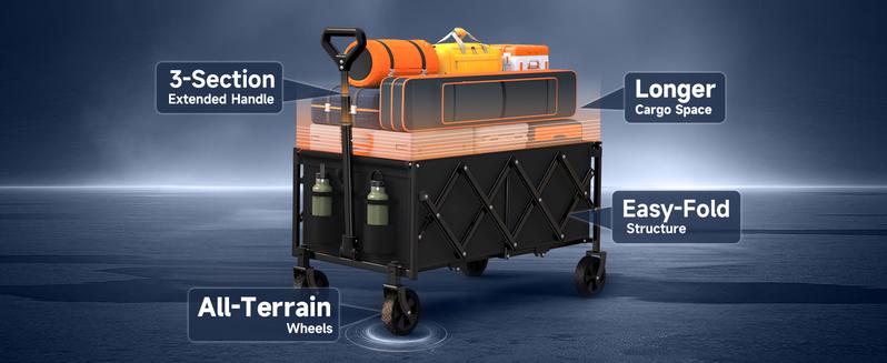 Collapsible Wagon Cart Foldable 34'' Extra Long, 360LBS Heavy Duty Folding Gardening Cart with Wheels, Portable Utility Outdoor Wagon for Grocery, Shopping, Sports, Camping, Black