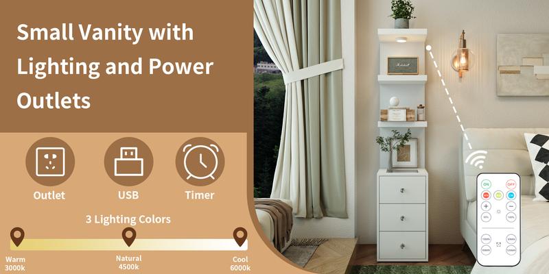 VOWNER 3 Tier Stand Shelf with 3 drawers Modern Beside Table Nightstand with LED Light for Vanity Bedroom