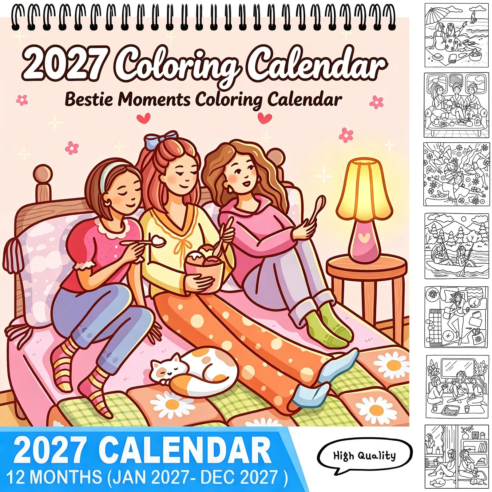 2027 Coloring Wall Calendar, 12‑Month Bestie Moments DIY Hand‑Coloring Calendar, Relax Therapy Coloring Pages, Creative Craft Project, Sweet Holiday Gift for Best Friends, Teens & Girls,Kids Calendar,Coloring Page Calendar,Kids Wall Calendar