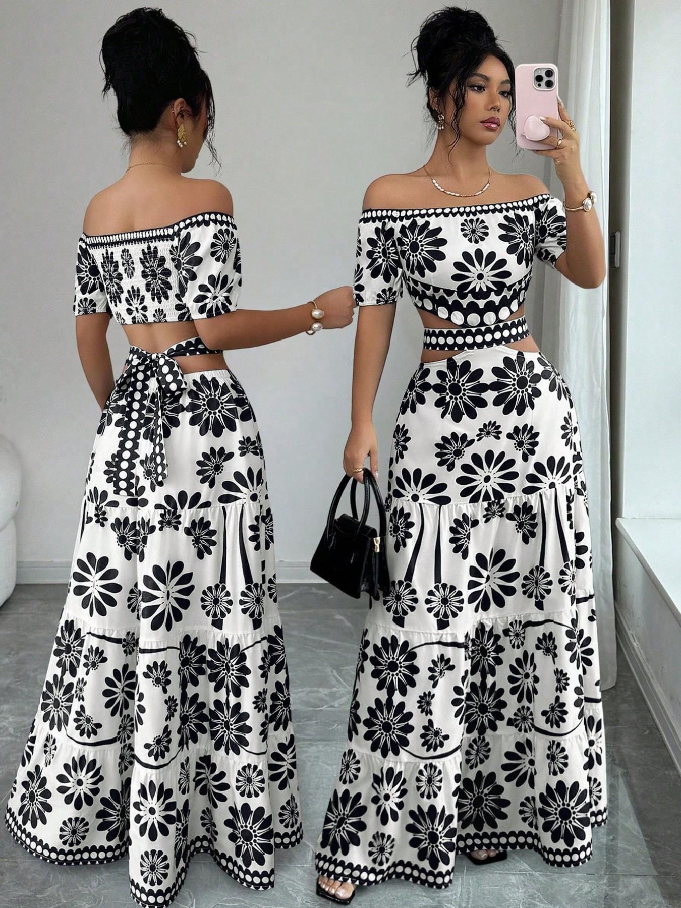 Women's Floral Off-Shoulder Short Sleeve Hollow Out Waist Fashion Chic Dress, Tropical Vacation Women's Dress, Long Dress for Summer Women's Floral Off-Shoulder Short Sleeve Hollow Out Waist Fashion Chic Dress, Tropical Vacation Women's Dress, Long Dress for Summer