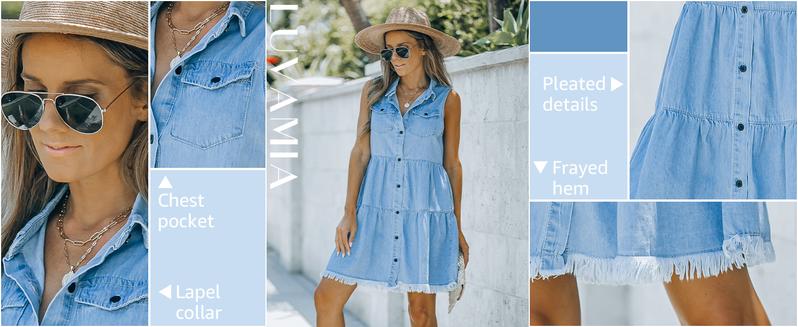 luvamia Jean Dress Women's Casual Summer Lapel Sleeveless Button Down Short Denim Jean Dress