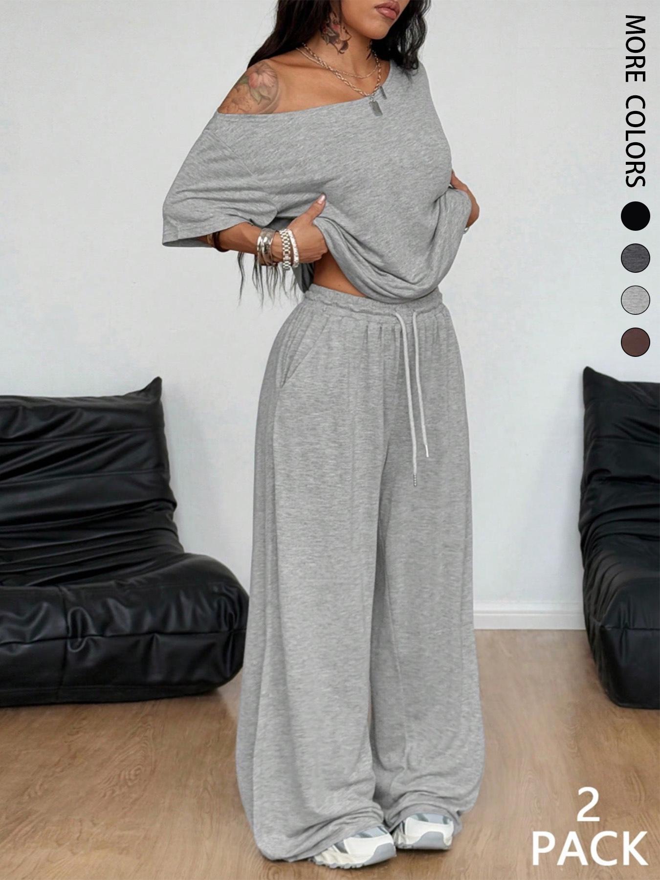 2pcs/Set Women's Minimalist Basic Daily Wear Going Out Sport Comfortable Off Shoulder T-Shirt And Wide Leg Pants Two Pieces Outfits