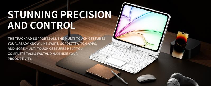 Transparent White Touch 360°Rotatable Keyboard Case for iPad ,High-strength acrylic, impact-resistant,Backlight &Pencil Holder, 7 Color Backlight Keyboard Case only for iPad