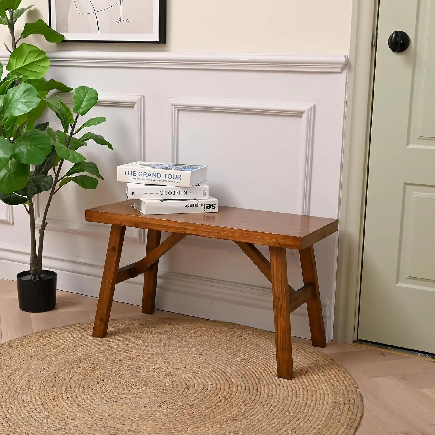 Handcrafted Solid Wood Bench, 30" - Farmhouse-Style Entryway Seating for Living & Dining Room, Rustic Design, Natural Finish