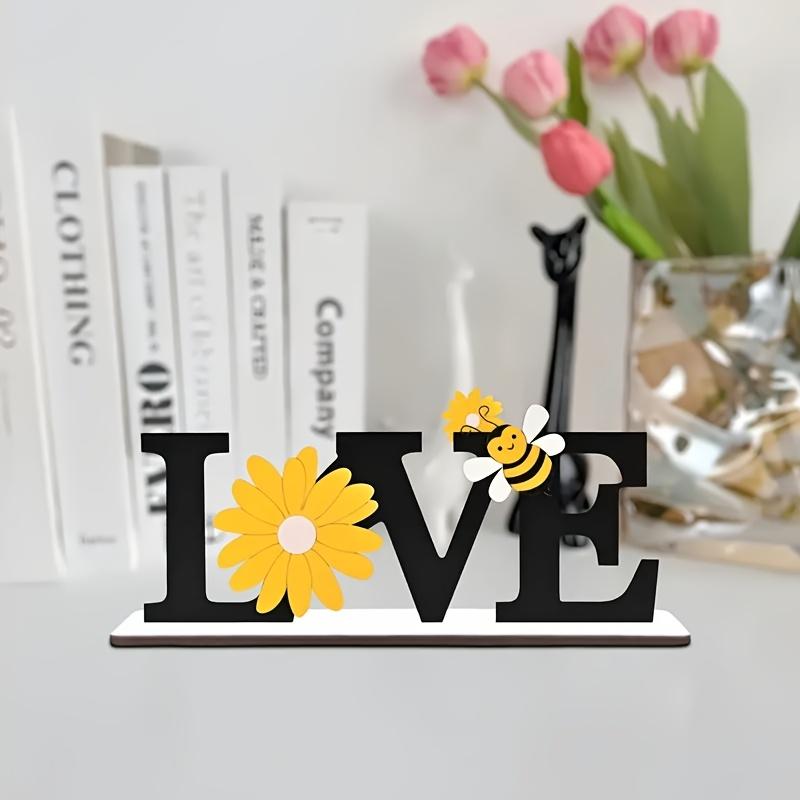 Wooden Summer Decorative Ornament with Bees and Sunflowers, Ideal for Desktop, Wall, Tray, Shelf, Fireplace Decoration