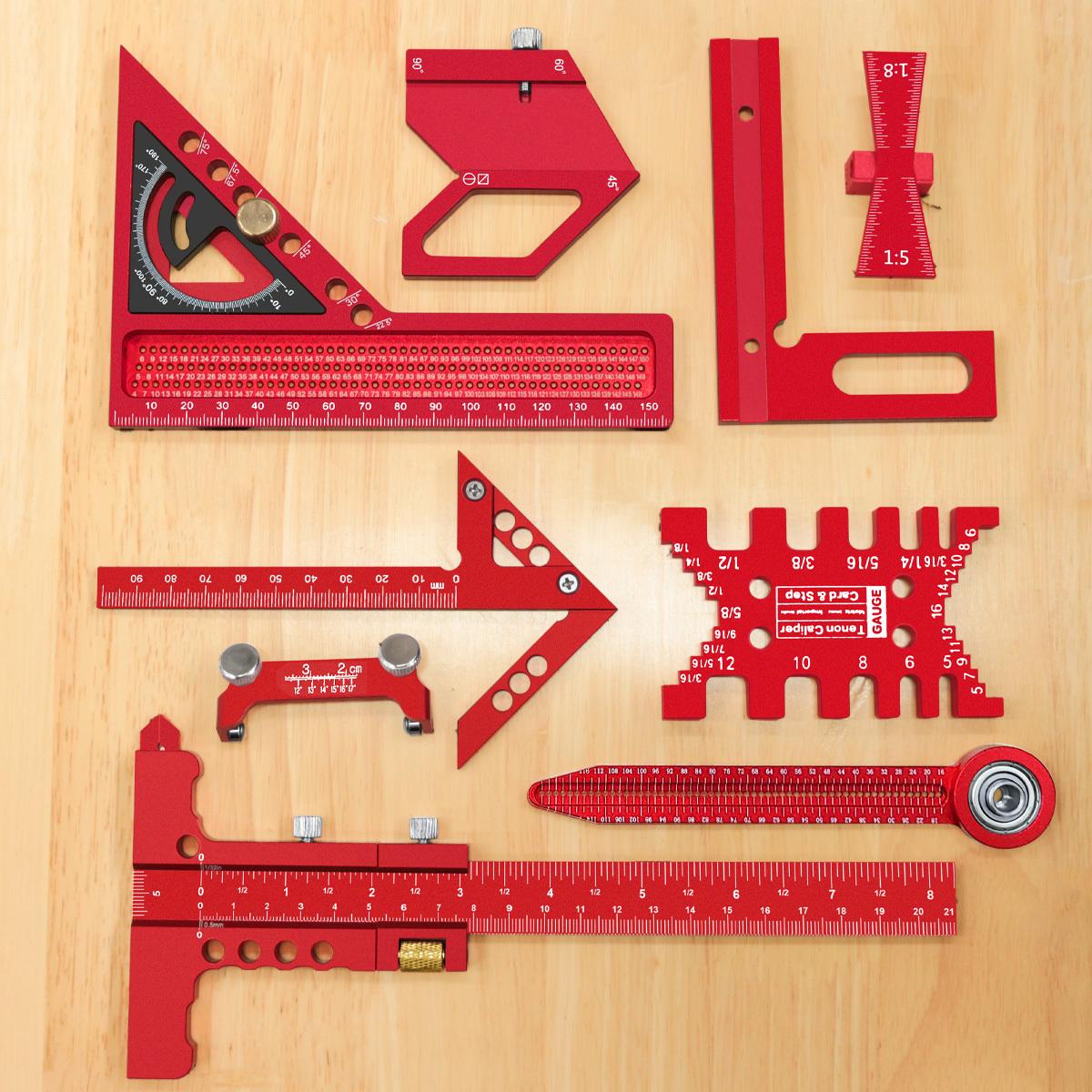 6/7/8Pcs Woodworking Square Kit with Box, Precision Carpenter Quick Splicing Planning and Layout Tools, Aluminum Scribeing Ruler, Center Finder, Circular Drawing Compass, Honing Guide, Height Gauge, Measuring Ruler