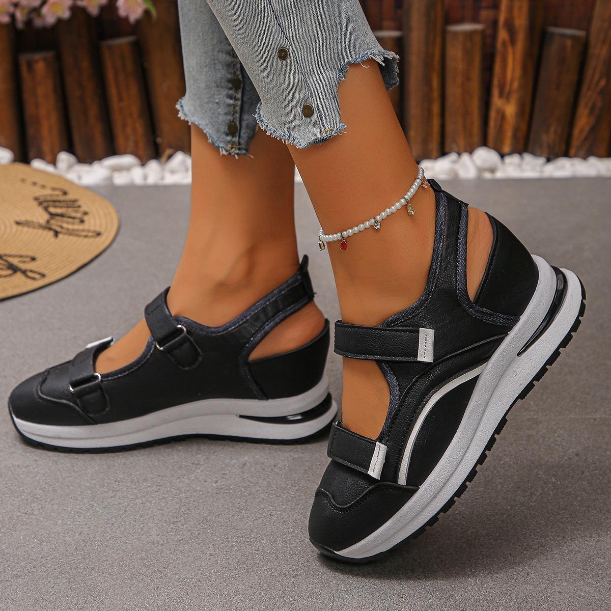Women Hollow Out Wedge Sneaker Sandals, Breathable Hook & Loop Platform Walking Shoes, Color Block Casual Outdoor Shoes