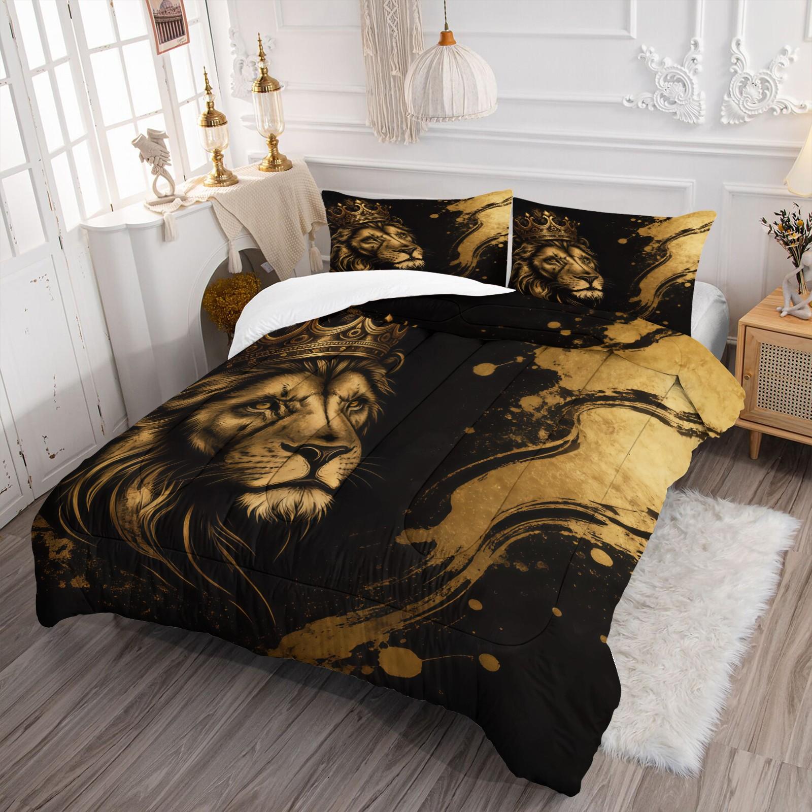 Lion Crown Pattern Comforter Set, Soft And Durable Bedding Set, Including 1 Comforter And 1 Or 2 Pillowcases, Suitable For Children And Adults Daily Holiday Birthday Gifts Bedroom Decorations