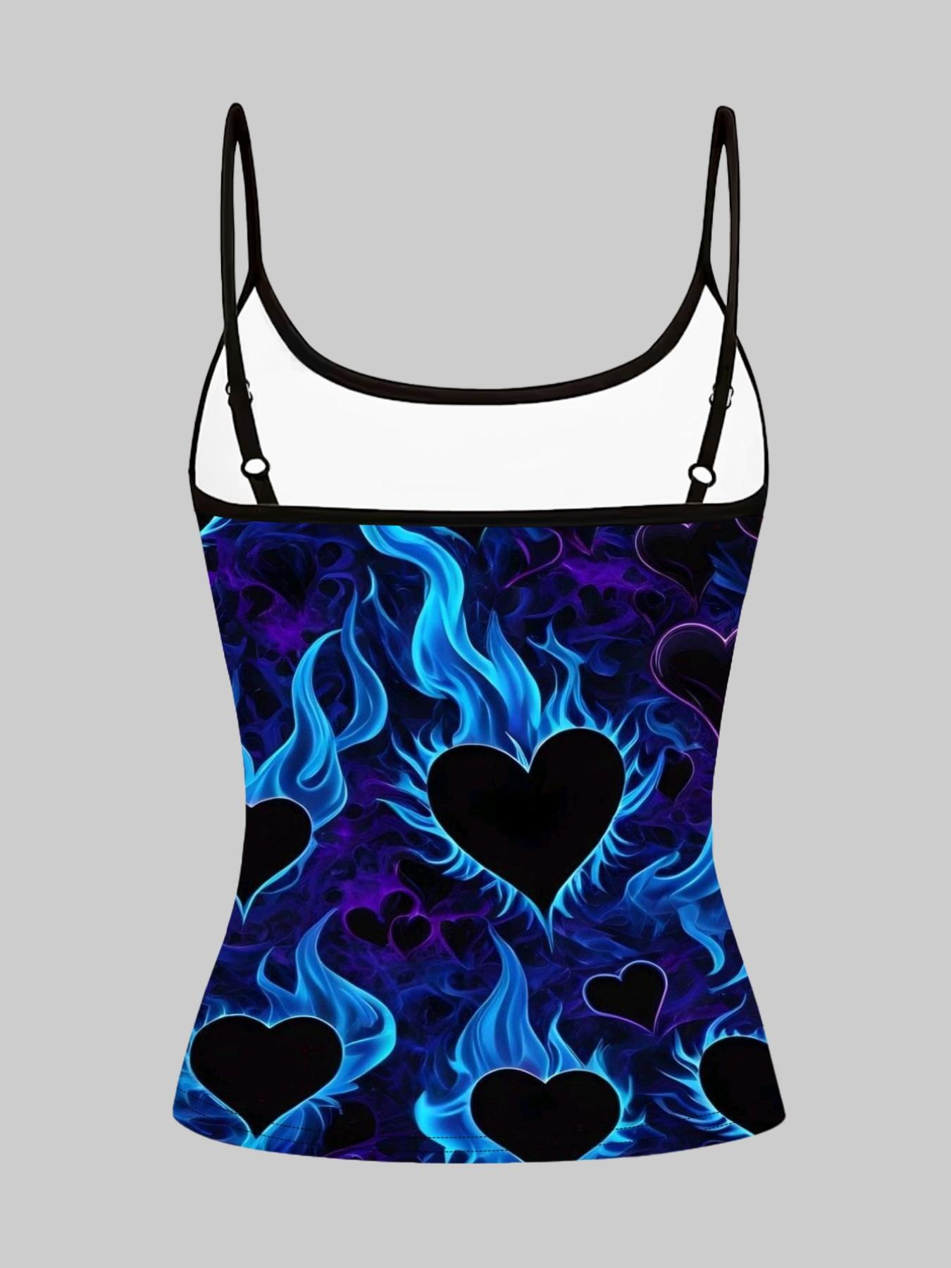 Neon Flame Heart Print Strappy Top, Summer Home Sleepwear Outerwear, Unique Slim-Fit Shirt Set of Four, Casual Style