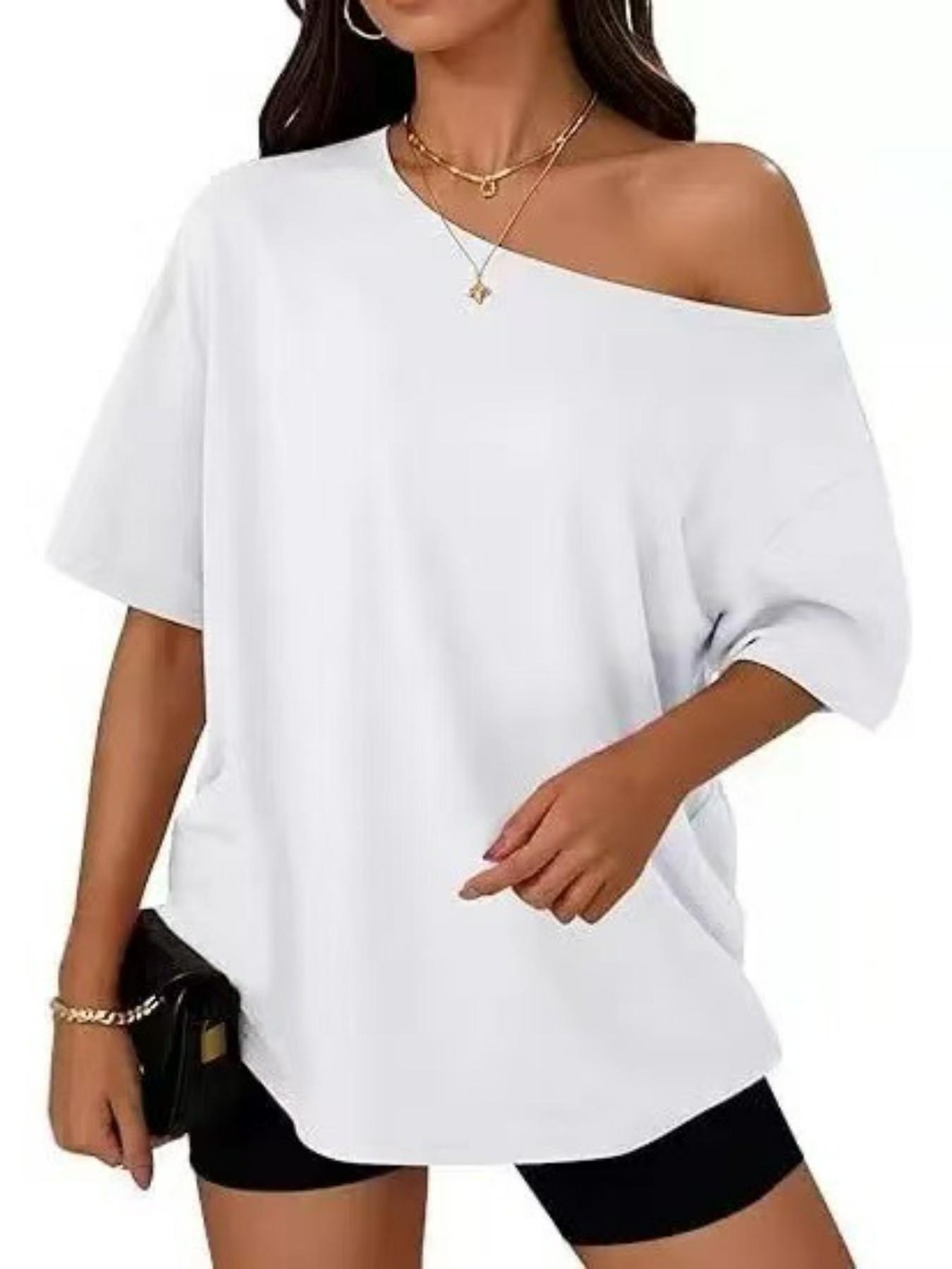 2026 Women Summer Casual Off Shoulder T Shirts Batwing Short Sleeve Loose Solid Color Basic Tee Tops