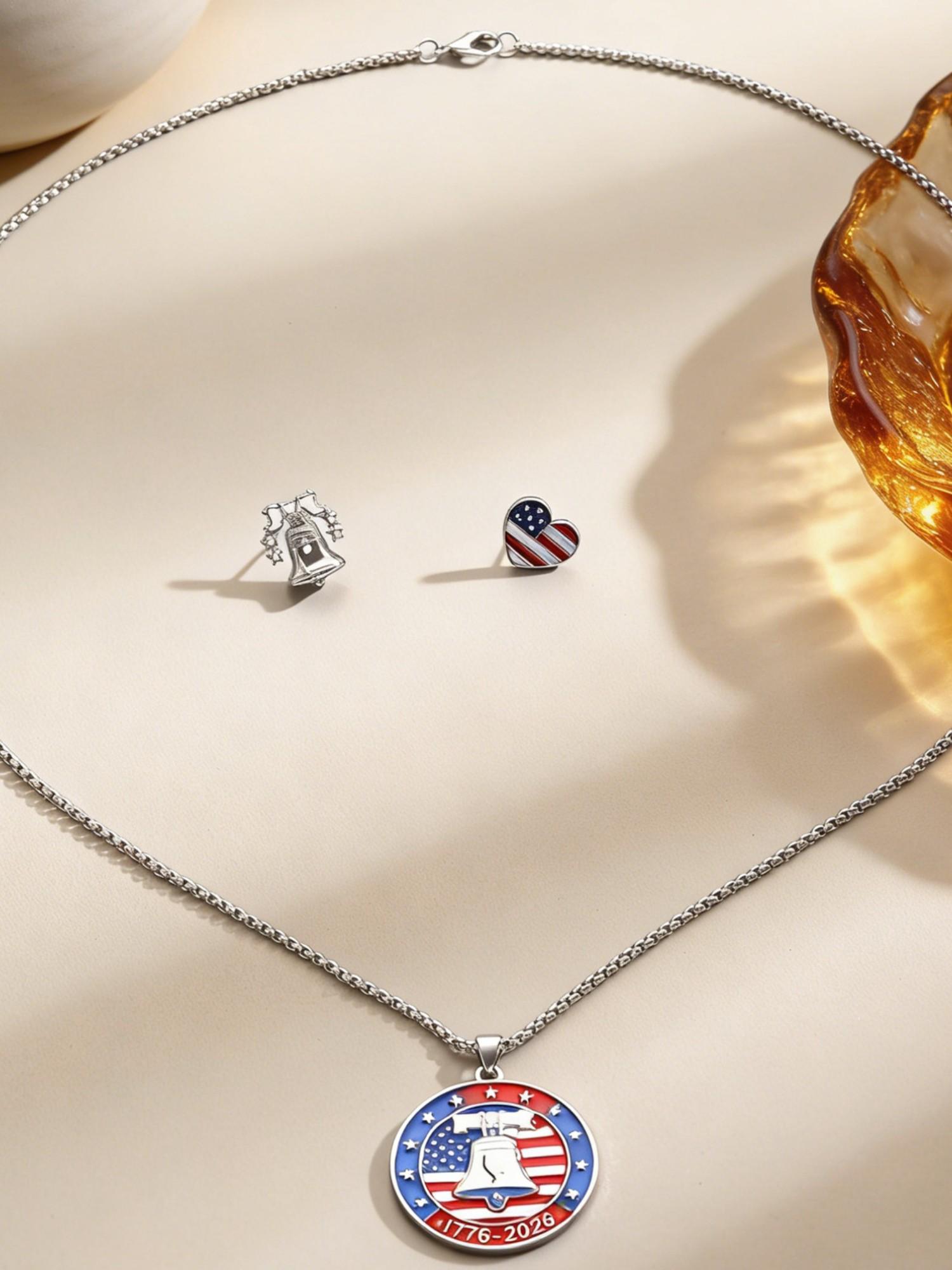 American 250th Anniversary Alloy Necklace, Liberty Bell Totem Pendant, Lockbone Chain, Sweater Chain Accessory, Unique Jewelry Gift