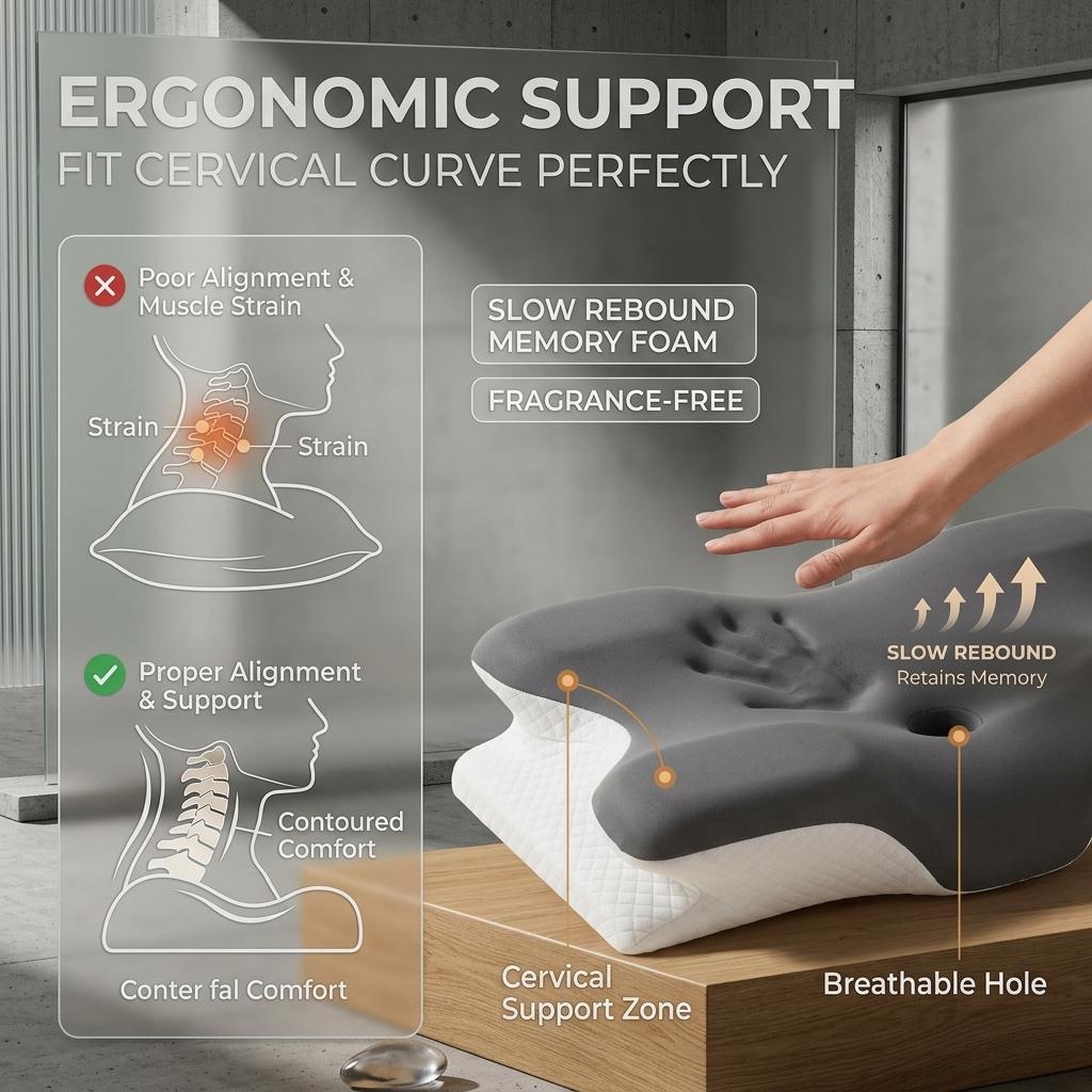 Ergonomic Bed Pillow with Cool Touch Cover, Contour Memory Foam Neck Support, Odor-Free Core, Ideal for Side, Back, Stomach Sleep, Contoured Memory Foam