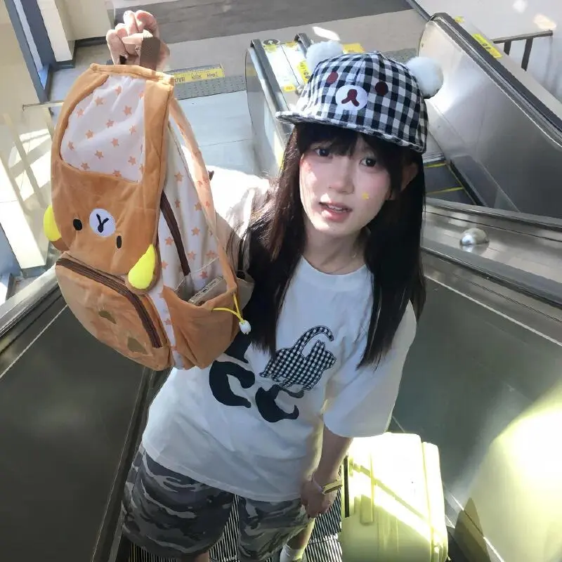 Kawaii Rilakkuma Cartoon Plush Backpack Cute Bear Younger Sister Large Capacity Student Schoolbag Lovely Birthday Present Gift