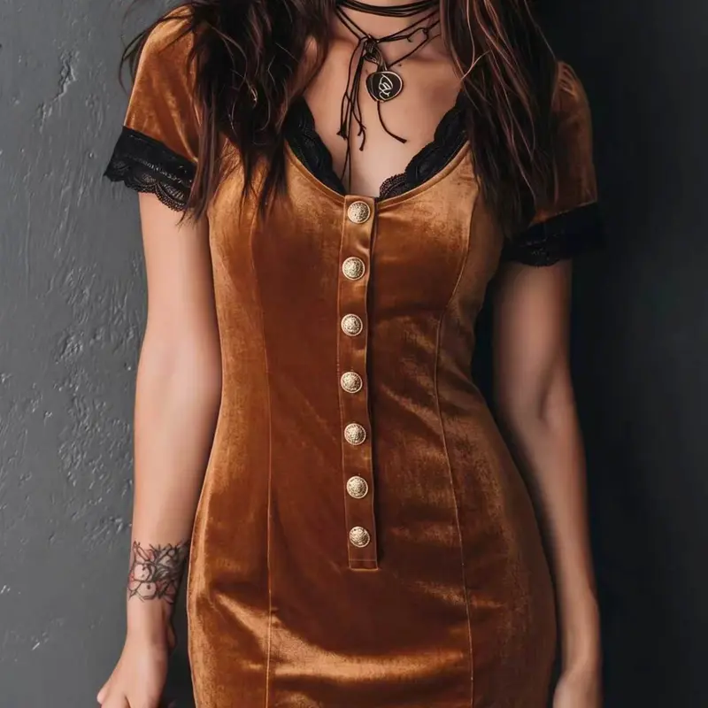 Women's Sexy Colorblock Lace and Velvet Short Sleeve Mini Bodycon Dress, Casual Wear Slim-Fitting, Fall & Winter Fashion