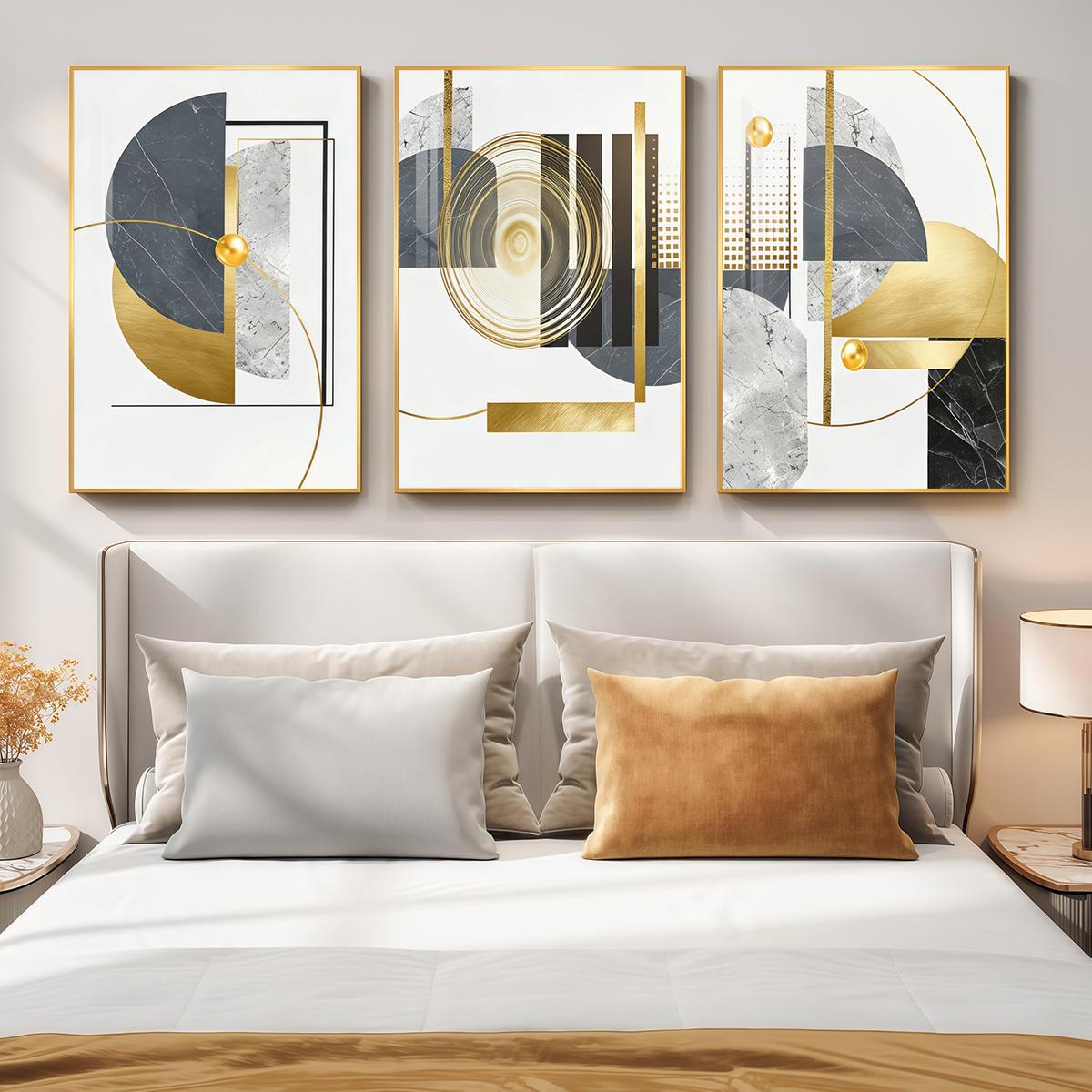 3 Counts Aluminum Alloy Framed Painting, Geometric Gold And Grey Abstract Art, Home Decoration For Living Room, Bedroom, Office, Restaurant, Hallway Wall Decor, Odorless Print Artwork, Luxury Perfect Gift For Friends And Family