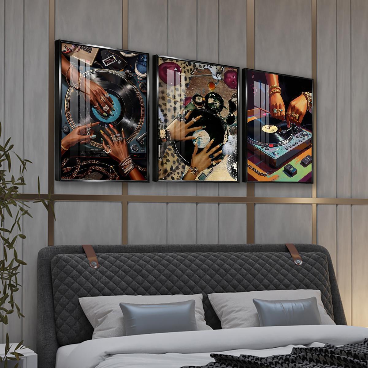 3 Counts Aluminum Alloy Framed Painting, Stylish DJ Vinyl Record Player Art Picture, Home Decoration For Living Room, Bedroom, Office, Restaurant, Hallway Wall Decor, Odorless Print Artwork, Luxury Perfect Gift For Friends And Family