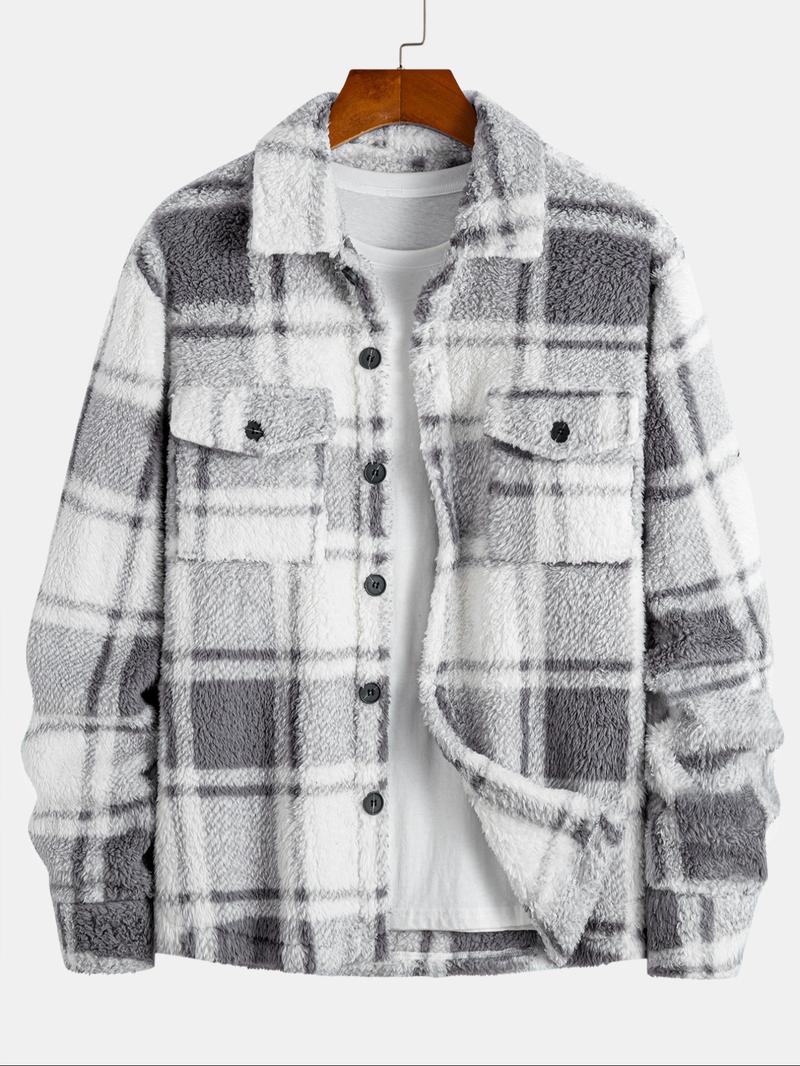 Men's Plaid Button Front Jacket Coat, Casual Warm Fleece Outerwear, Long Sleeve Lapel Design, Ideal for Daily Wear & Outdoor Activities