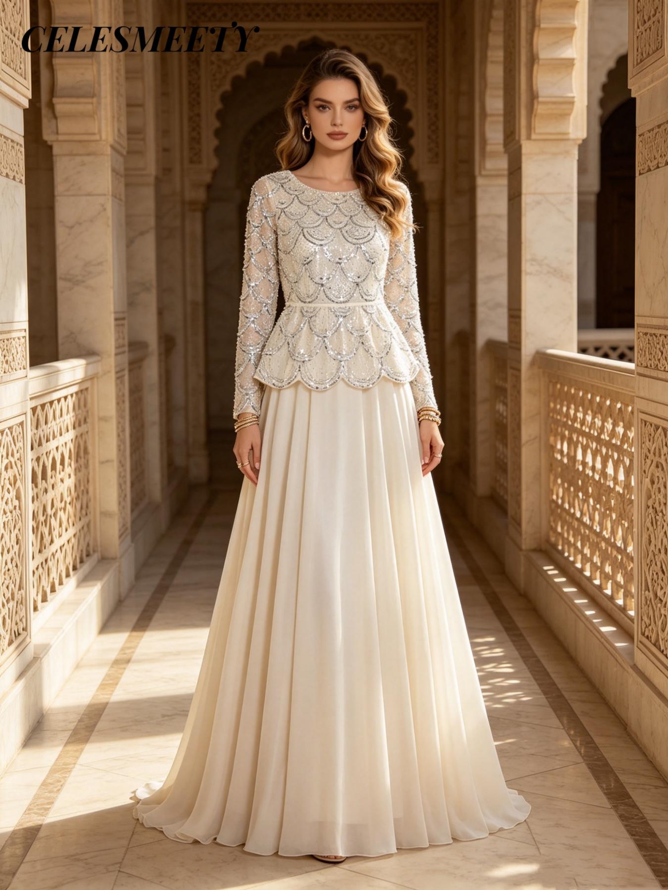 Celesmeety Women's Elegant Formal Wear Embroidered Sequin Gown Chic High Neck Sequin Long Dress, Chiffon Sheer Long Sleeve, Perfect for Wedding Guests, Graduation Dance, Dinner Party, Wedding Guest Dresses