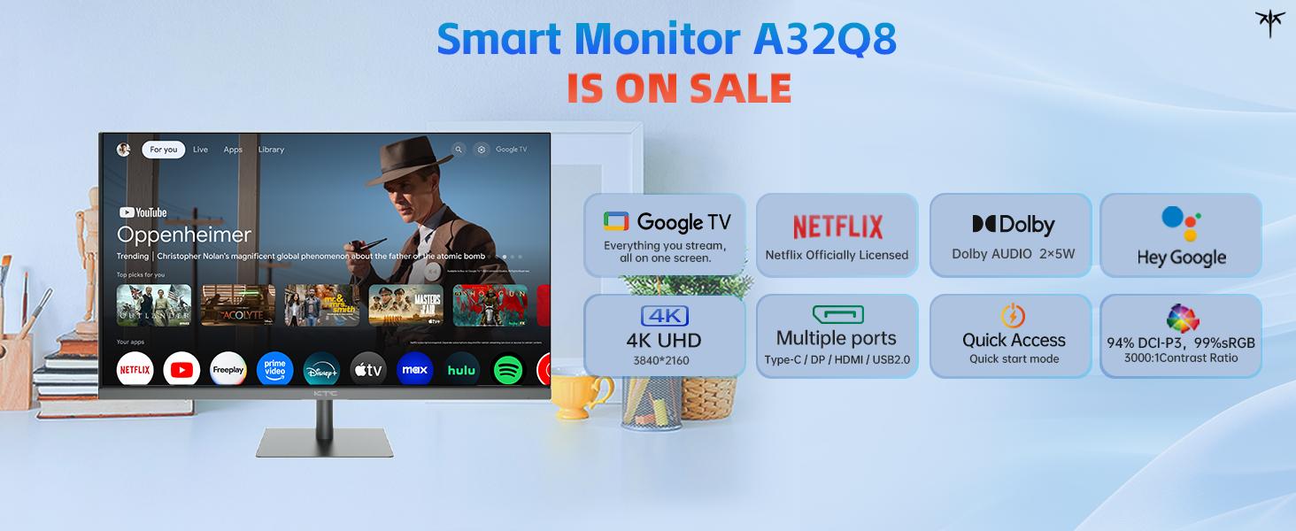 KTC 32 Inch 4K Smart Monitor with Google TV System 3840 * 2160P Netflix Licensed Type C 65W PD Speakers 5W*2 Dolby Audio Hey Google Voice Remote HDR WiFi Bluetooth VESA Tiltable 32 in Smart TV