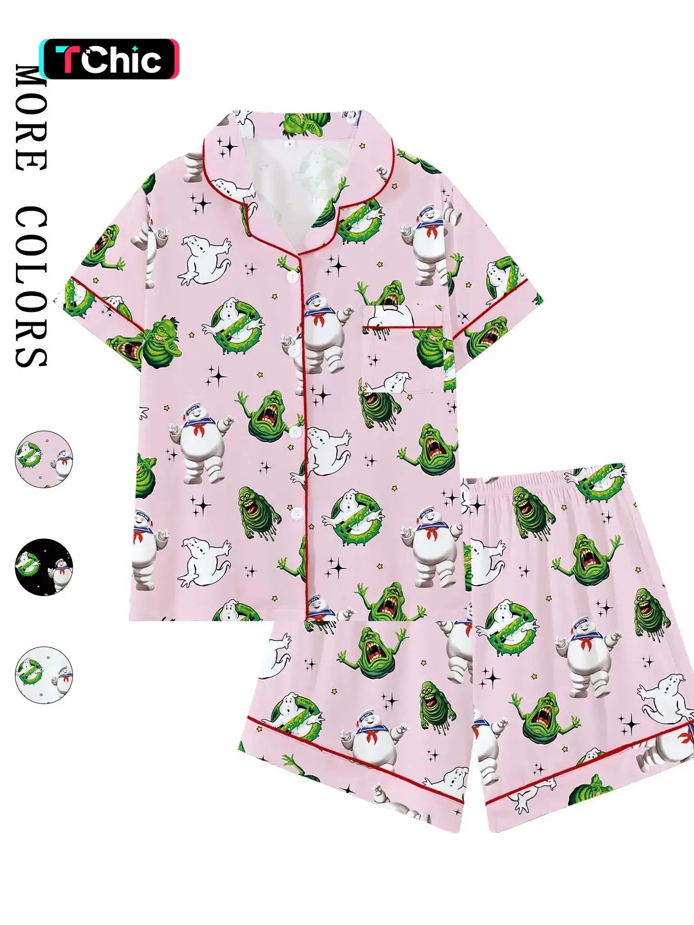 [Halloween]80s Nostalgia Retro Monster Print Pajama Set for Women | Cute Pink Paranormal Graphic Button Up Sleepwear | Soft 2-Piece Short Sleeve Summer Lounge Set | Fun Sleepover PJs | Cozy Quirky Home Outfit Loungewear Pyjamas