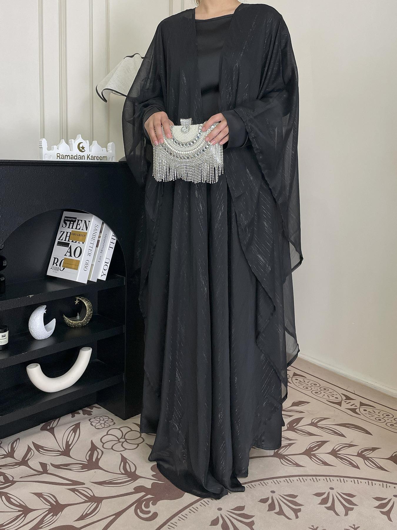 Elegant Fashion Luxury Gold Thread Shawl Dress Set, Round Neck Sparkle Waist Belt Abaya Suit, Three-Piece Stylish, Round Neck Abayas, Belted Abaya