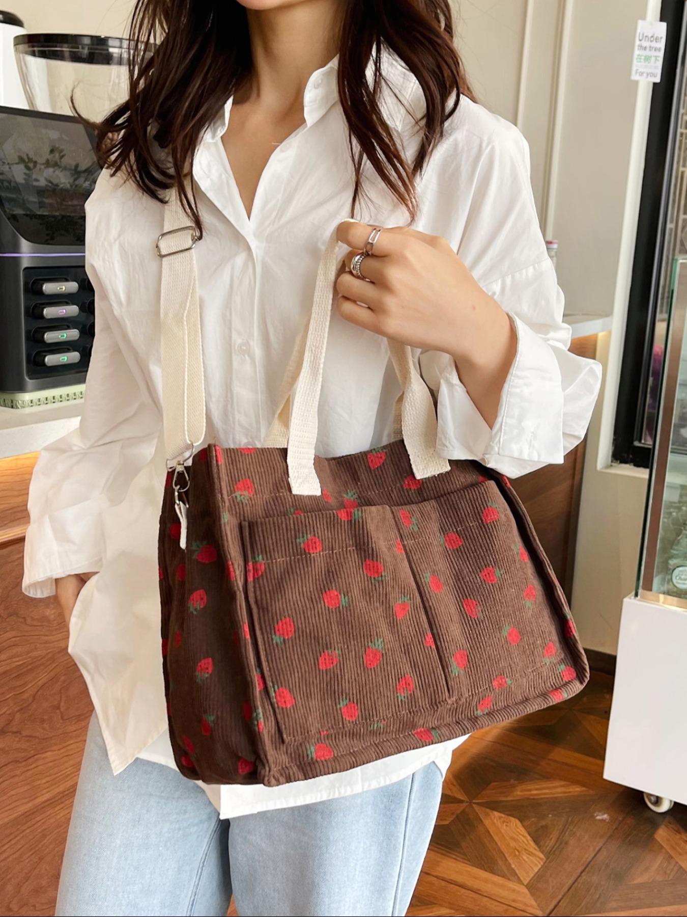 Stylish Strawberry Print Crossbody Shoulder Bag, Large Capacity Multi-Pocket Design, Perfect for Daily Commute & Shopping Needs, Floral Embossed Satchel