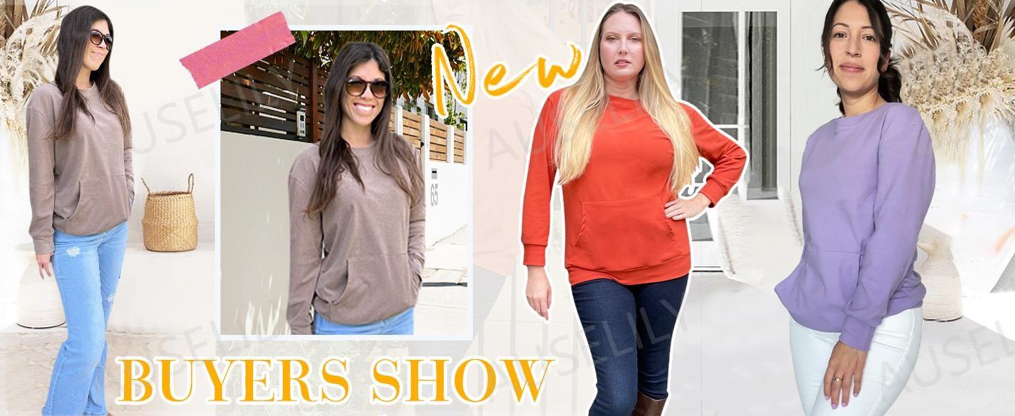 [Spring Restock] AUSELILY Women's Crewneck Hoodless Sweatshirt With Kangaroo Pocket  Fleece Longsleeve Oversized Casual Style Shirt  Lightweight Pullover 2026 SpringStatements