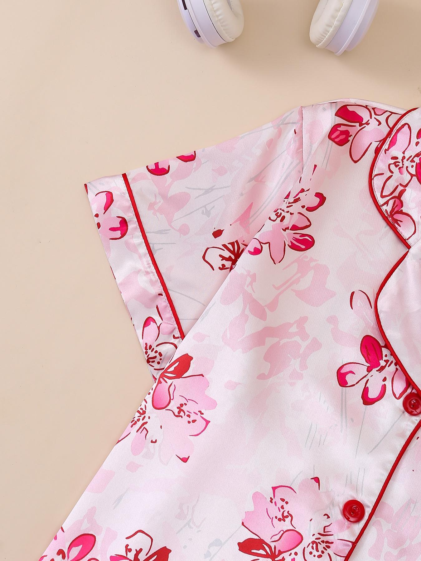 Valentine's Day Floral Print Sleepwear Set, Button Front Short Sleeve Top and Elastic Shorts, Elegant Women's Casual Homeewear