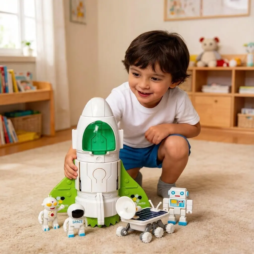Spaceship Toy for Boys Girls, Space Shuttle Toys with Lights and Sound, 3 Astronauts Figure, Openable Cockpit, Spray Exhaust, Astro Venture Space Playset with Lunar Car (Green)